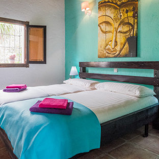 Mid-sized mediterranean guest bedroom in Malaga with terra-cotta floors, green walls and no fireplace.
