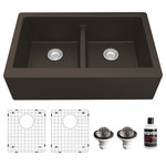 Karran USA - Karran Farmhouse Apron Front Quartz 34" Double Bowl Sink Kit, Brown - This elegant apron front farmhouse design with its deep 9-1/4” apron blends function and form beautifully, and will look stunning in your new kitchen. It is manufactured from an extremely durable quartz composite material that will provide decades of trouble-free use. This kitchen sink apron front farmhouse design is available in a choice of 6 elegant color choices to compliment any decor. The QA-750 34-inch  double bowl 50/50 split will allow you to separate spaces for cleaning dishes. This kitchen sink kit includes two bottom grids, two basket strainers and a luster pro oil to help you maintain your new double bowl farmhouse kitchen sink.