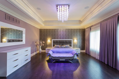Inspiration for a large contemporary master dark wood floor bedroom remodel in Toronto with purple walls and no fireplace