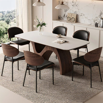 7 Pieces Modern Dining Table Set for 6 with Walnut Rectangular Table and Chairs