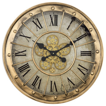 Gilded Round Gear Clock - Off-White, Distressed, Black