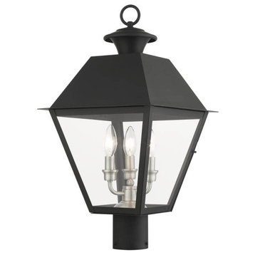 3 Light 22" Tall Outdoor Post Top Lantern, Black With Clear Glass