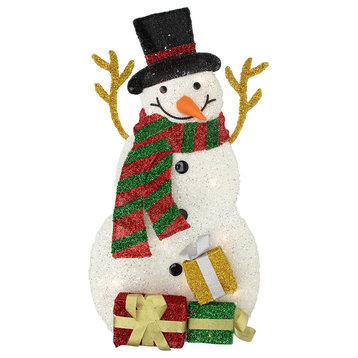31.5" Lighted Plush Tinsel Snowman With Gift Christmas Yard Art Decoration
