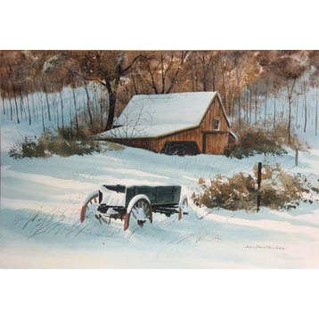 James Feriola, Snowy Barn and Wagon, Watercolor Painting