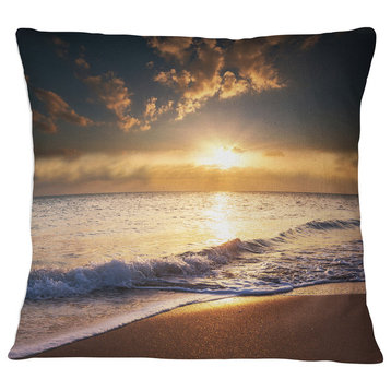 Sunset over Foaming Waves Modern Beach Throw Pillow, 18"x18"