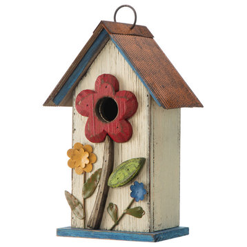 10.25"H Washed White Distressed Solid Wood Birdhouse With 3D Flowers