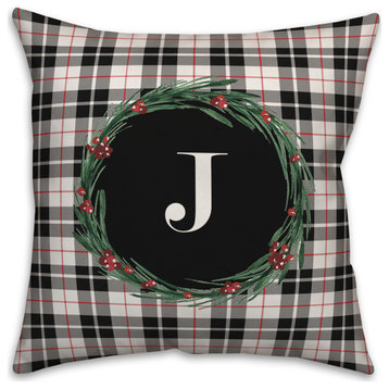 Black Plaid Monogram Wreath J 18x18 Spun Poly Pillow