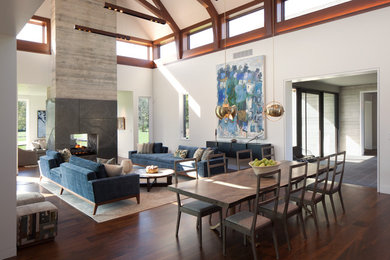 Inspiration for a contemporary medium tone wood floor living room remodel in Philadelphia with a two-sided fireplace and a concrete fireplace