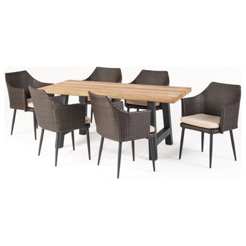 GDF Studio 7-Piece Anemone Outdoor Wicker Dining Set With Concrete Table, Natural Oak/Black/Multibrown/Textured Beige Cushion