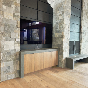 White Oak Media Cabinet in Stone Fireplace Wall - Bend, OR