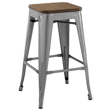 Country Farm Bar Dining Counter Stool Chair, Metal Steel Wood, Silver