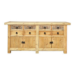 Chinese Vintage Natural Finish Carving Sideboard Buffet Cabinet - Console Tables