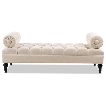 Contemporary Bench, Button Tufted Seat and 2 Fixed Bolster Pillows, Sky Neutral