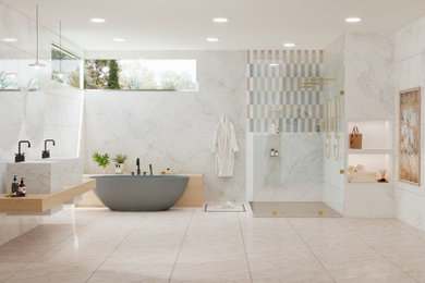 Trendy master double-sink bathroom photo in Boston with open cabinets, light wood cabinets, an integrated sink, marble countertops, white countertops and a floating vanity