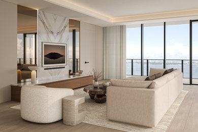 Example of a large minimalist formal and open concept ceramic tile, beige floor and wood wall living room design in Miami with beige walls, no fireplace and a wall-mounted tv