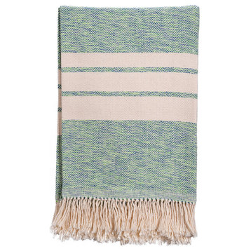Herringbone Cotton Throw, Musgo and Natural Stripes, Extra Large