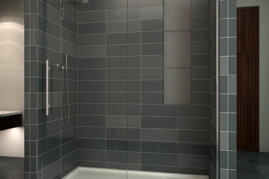 Mid-sized trendy master gray tile and porcelain tile ceramic tile and gray floor bathroom photo in Portland with flat-panel cabinets, dark wood cabinets, white walls and solid surface countertops