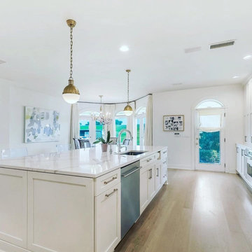 White Oak Wide Plank Flooring, Country Cottage Kitchen with Island