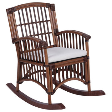 Bohemian Farmhouse Woven Rattan/Wood Rocking Chair, White Cushion, Brown Frame, Brown