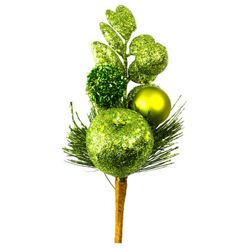 11" Lime Green Glittered Christmas Pick With Apple & Ball