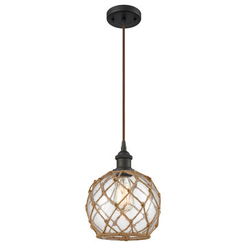 Farmhouse 1-Light Mini Pendant, Oil Rubbed Bronze, Clear Glass With Brown Rope