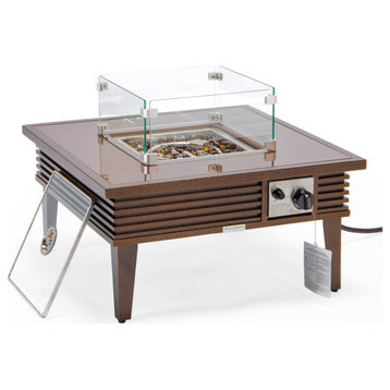 Leisuremod Walbrooke Patio Square Fire Pit Table With Aluminum Slats Frame, Brown