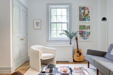 Living room - transitional light wood floor living room idea in New York