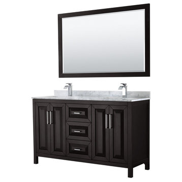 Daria 60" Dark Espresso Double Vanity,Carrara Marble Top, Square Sinks,58"Mirror