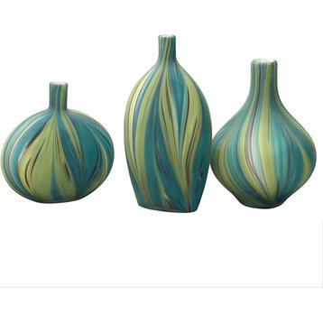 Modern Marbelized Green Blue Glass Vases 3-Piece Set, Designer Swirl Abstract Aq