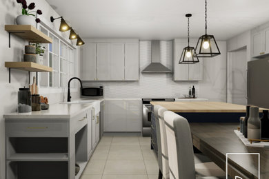 Inspiration for a large country l-shaped eat-in kitchen in Montreal with a farmhouse sink, recessed-panel cabinets, grey cabinets, quartzite benchtops, white splashback, porcelain splashback, stainless steel appliances, porcelain floors, with island, grey floor and white benchtop.