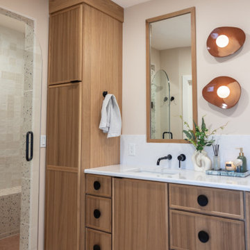 Primary & Guest Bathroom Remodel with Improved Layout and Heated Terrazzo Floors