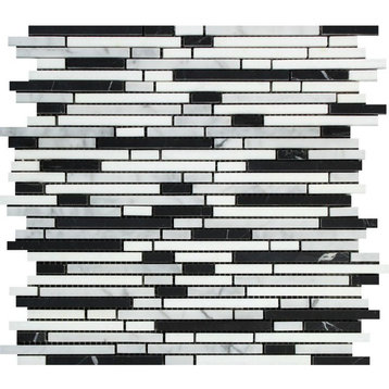 Carrara Polished Marble Bamboo Sticks Mosaic (Carrara + Black), 10 sq.ft.