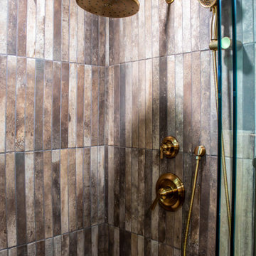 Custom Rustic Bathroom with Knotty Alder Vanity and Cambria Quartz