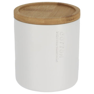 Pure Matte White Cotton Ball Jar With Natural Bamboo Lid Polyresin