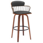 Armen Living - Willow 25.5" Swivel Walnut Wood Counter Stool, Black Faux Leather Bronze Metal, 30 - Give a chic and stylish upgrade to your home bar or eat-in-kitchens with our Willow Upholstered Swivel Bar or Counter Stool. A curved and hugging silhouette is molded from metal to attain a sleek and airy design that is perfect for styling and refreshing your kitchen or lounge. This modern bar stool is completed with a generously padded wooden backrest and seat to deliver sink-in comfort. Our counter stool is upholstered in faux leather which does not crack or fade easily; the material is both stain and UV resistant for easy maintenance and longevity. Completed with a beautifully streamlined and modern design, the barstool can be used anywhere from your kitchen to a home office. It can complement a kitchen island, pub table, home bar, or adjustable desk for elevated style and functionality. The counter stool features a wonderful 360-degree swivel function with a smooth gliding system so that you can join in conversation coming from any direction. Designed with quality and comfort in mind, our modern bar stool can serve you for years to come. The Willow swivel bar or counter stool easily incorporates into any home and is available in your choice of 25.5-inch or 30-inch seat height. Available in a walnut wood and Golden Bronze metal finish with your choice of gray or black faux leather or a black wood and metal finish with gray faux leather upholstery.