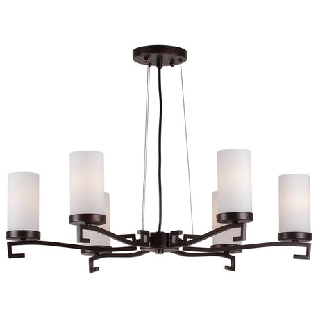 6 Light Chandelier, Antique Bronze, Satin Opal Glass