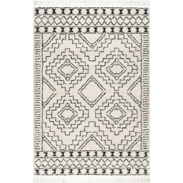 Moroccan Shag Tribal Chevron Tassel Area Rug, Off-White, Off White, 7'10" Square