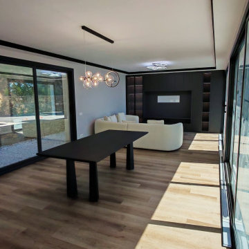 Open Plan Living Dining Room Full Overview – TV Feature Wall & Curved Sofa Layou