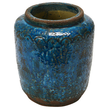 Debossed Terra-cotta Vase, Distressed Blue Finish, 9"