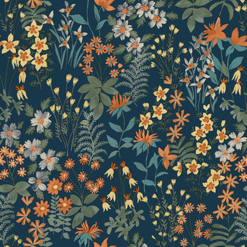 Classical Flower Floral Textured Wallpaper, Dark Blue, Double Roll