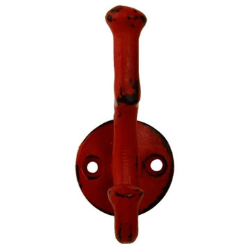 Set of Three Iron Wall Hooks, 3" Height, Distressed Red