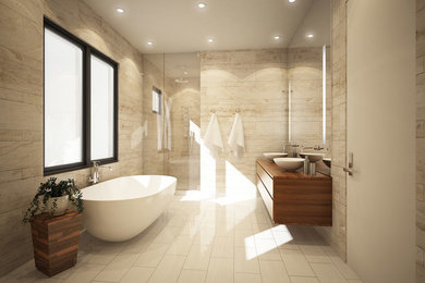 Inspiration for a mid-sized modern master white tile and stone tile porcelain tile bathroom remodel in San Francisco with a vessel sink, flat-panel cabinets, medium tone wood cabinets, wood countertops and brown walls