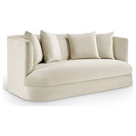 Meridian Furniture - Alder Upholstered Chair, Cream, Velvet, Loveseat - The Alder cream velvet upholstered loveseat is an invitation to relax. Its rounded silhouette and soft velvet upholstery create a cozy and inviting space, perfect for relaxing with someone special. Whether you're entertaining or enjoying a quiet night, this loveseat offers timeless elegance and warmth.
