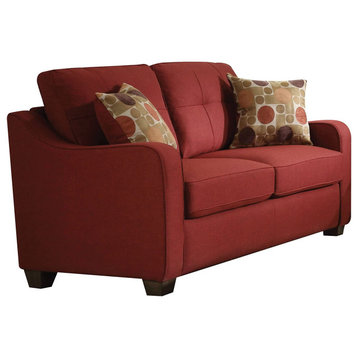 Contemporary Loveseat, Linen Upholstery With Buttonless Tufting & 2 Pillows, Red