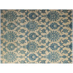 Bareens Designer Rugs - Chic Ziegler Herbert Ivory Blue Hand-Knotted Wool and Silk Rug-7'11'' x 10'3'' - Enhance the ambiance of your home with this magnificent Persian-influenced Turkish hand-knotted rug made by skilled artisans capable of creating the most exceptional vegetable dyes and hand-spun wool. This exquisite handmade rug is a one-of-a-kind Peshawar Kafkaz, otherwise identified as Chobi, Chobi Peshawar, Oushak, or Ziegler rug. These handmade rugs are crafted in Pakistan utilizing superior-quality wool imported from Australia, New Zealand, and Korea in two types of weaves: the Persian weave and the Mori weave. This rug is meticulously crafted by hand using the finest natural vegetable dyes extracted from local plants. The artisans use a blend of hand-spun local and fine merino wool, resulting in a rug with a compelling texture, higher lanolin content, and longer staple. The artisans occasionally incorporate natural or artificial silk into the pile to enhance specific motifs. The finished product is an awe-inspiring execution of flawless design and an understated palette that exudes elegance.