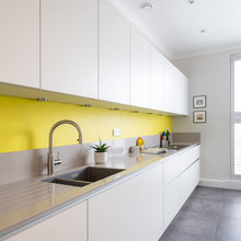 Kitchen - Grey Floor, Yellow Backsplash