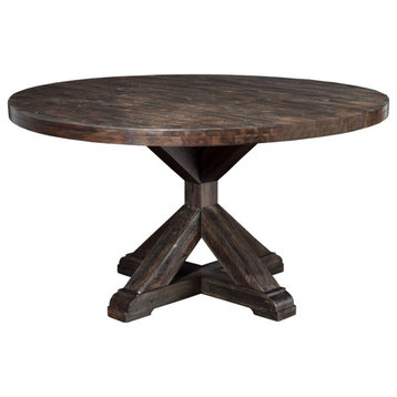 Rustic Dining Table, Acacia Wooden Pedestal Base With Round Top, Salvaged Gray