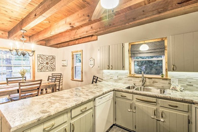 Kitchen - eclectic kitchen idea in Other with green cabinets, laminate countertops, multicolored backsplash and mosaic tile backsplash