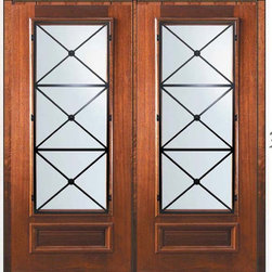 Prehung Double Door 80 Mahogany Republic 3/4 Lite Wrought Iron - Front Doors