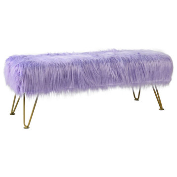 Mongolian Faux Fur Upholstered Ottoman Bench, Lavender, 46x16x22